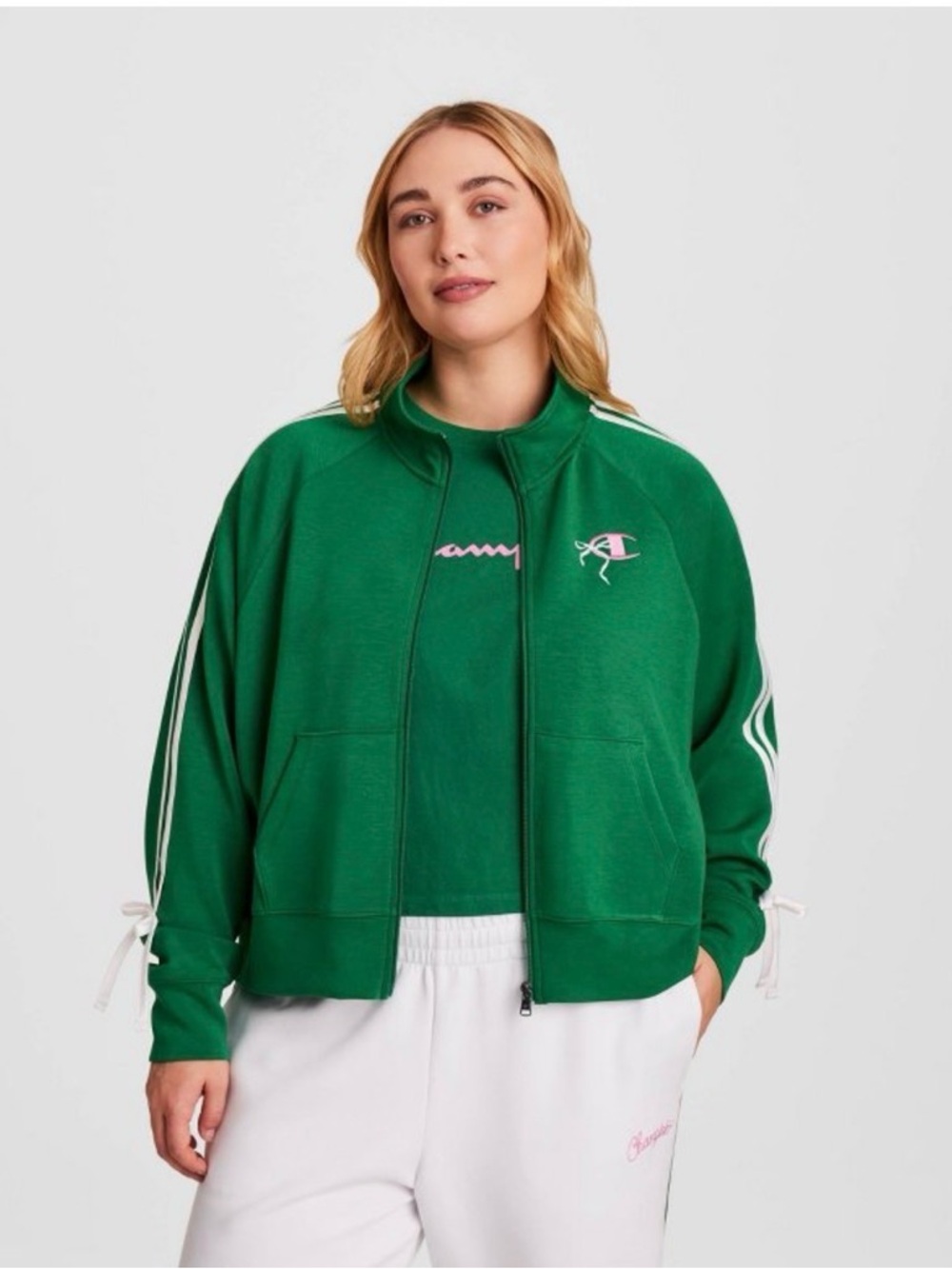 Champion In the Stands Green Track Jacket with White Stripe and Bow Details